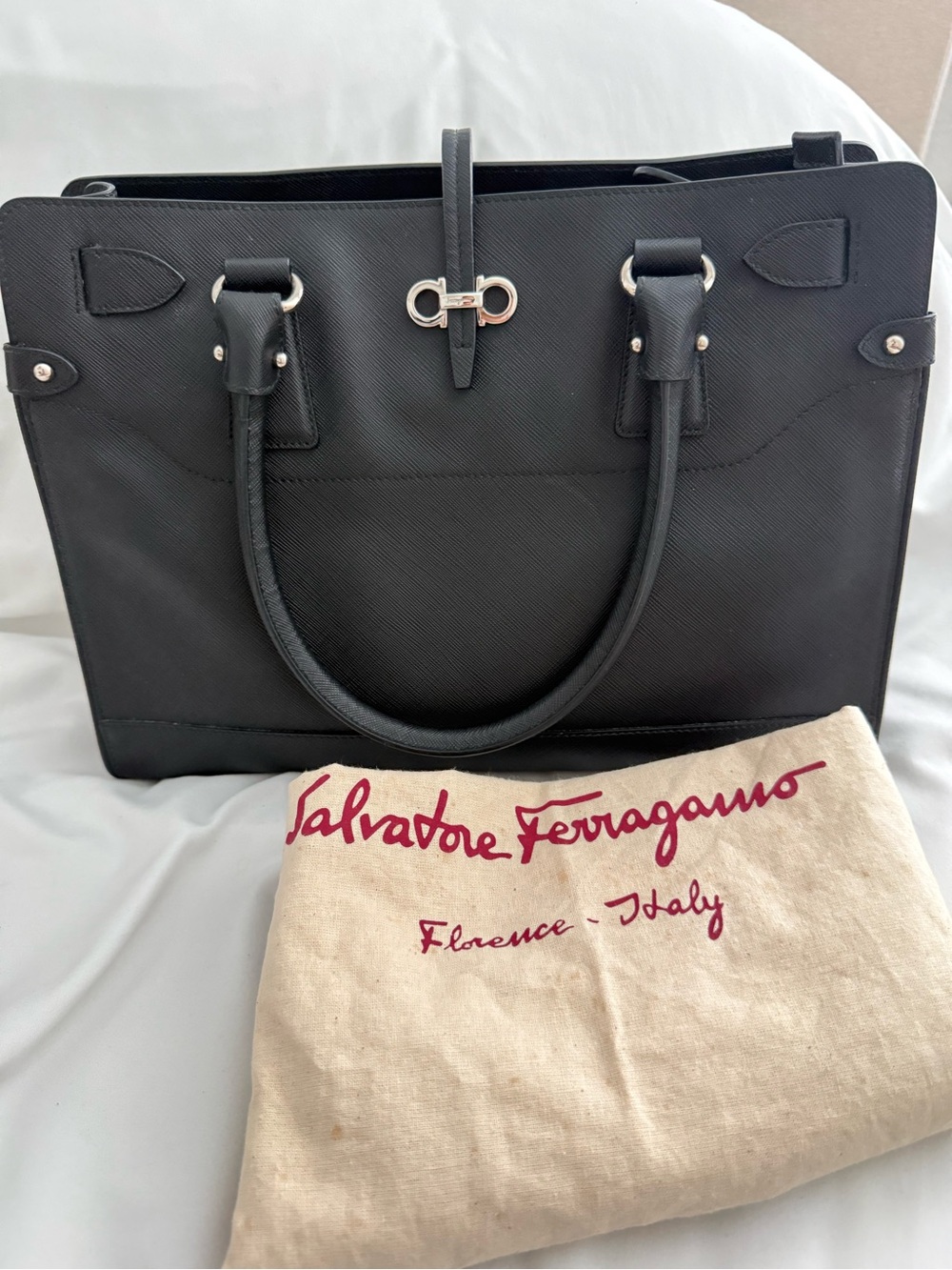 Salvatore Ferragamo Black Leather Tote with Silver Hardware